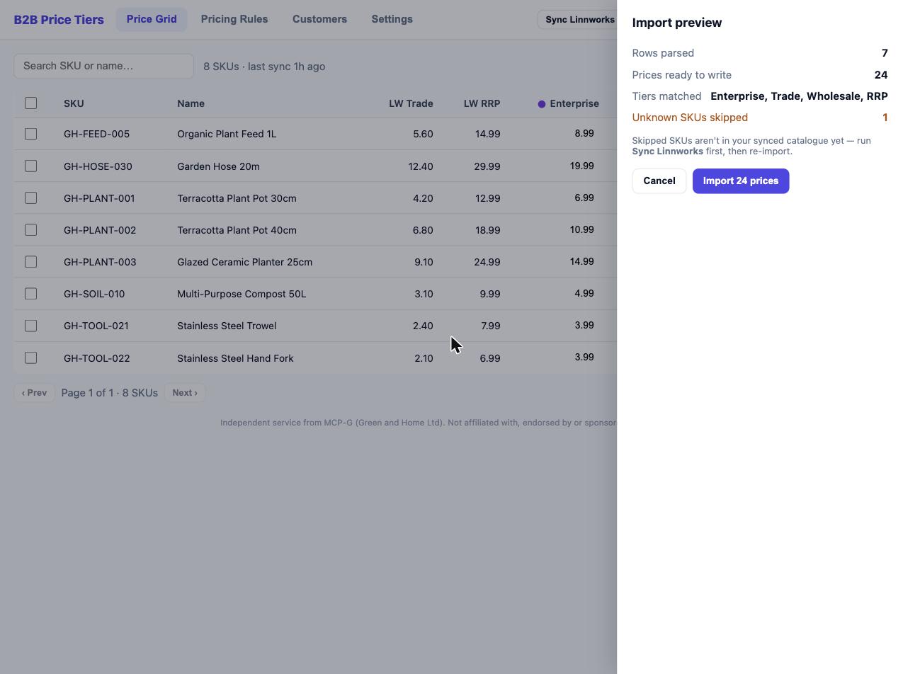 CSV import preview drawer showing rows parsed, prices ready to write, matched tiers and unknown SKUs skipped