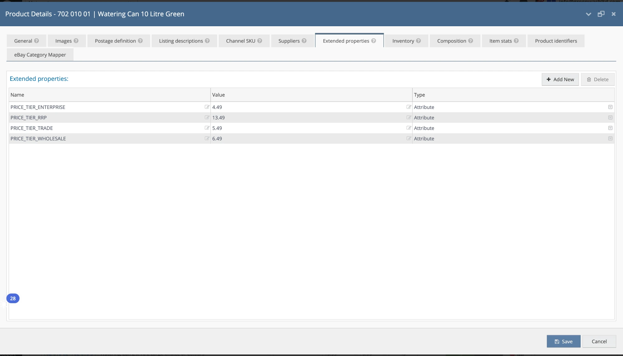 Linnworks stock item Extended Properties tab showing PRICE_TIER_ENTERPRISE, PRICE_TIER_TRADE, PRICE_TIER_WHOLESALE and PRICE_TIER_RRP with real values