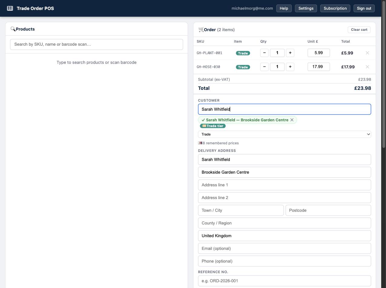 Trade Order POS cart with a Trade-tier customer selected — both line items show a Trade tier badge and the tier price