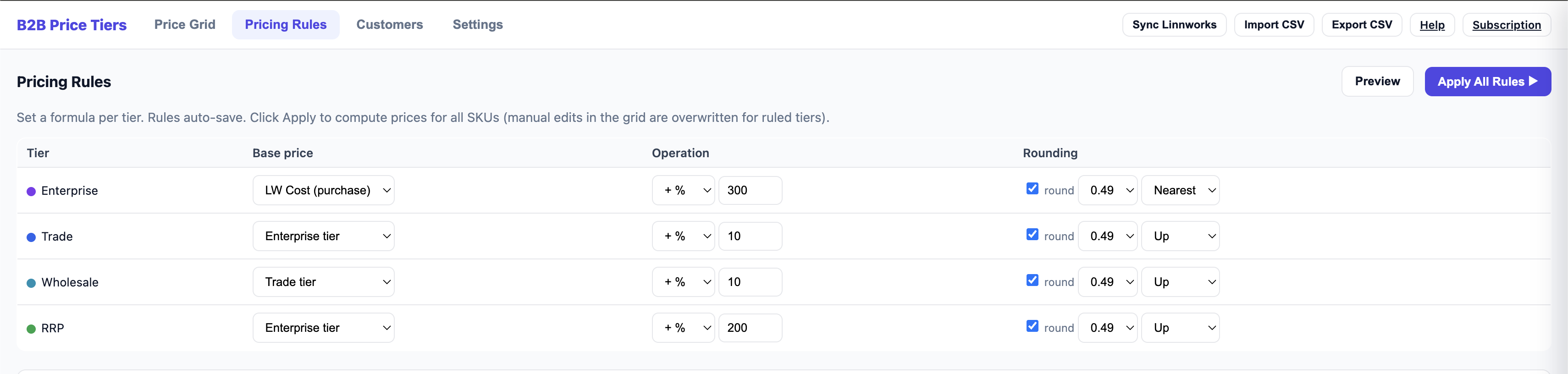 Pricing Rules editor with a real chained formula: Enterprise = Cost +300%, Trade = Enterprise +10%, Wholesale = Trade +10%, RRP = Enterprise +200%, rounded to .49