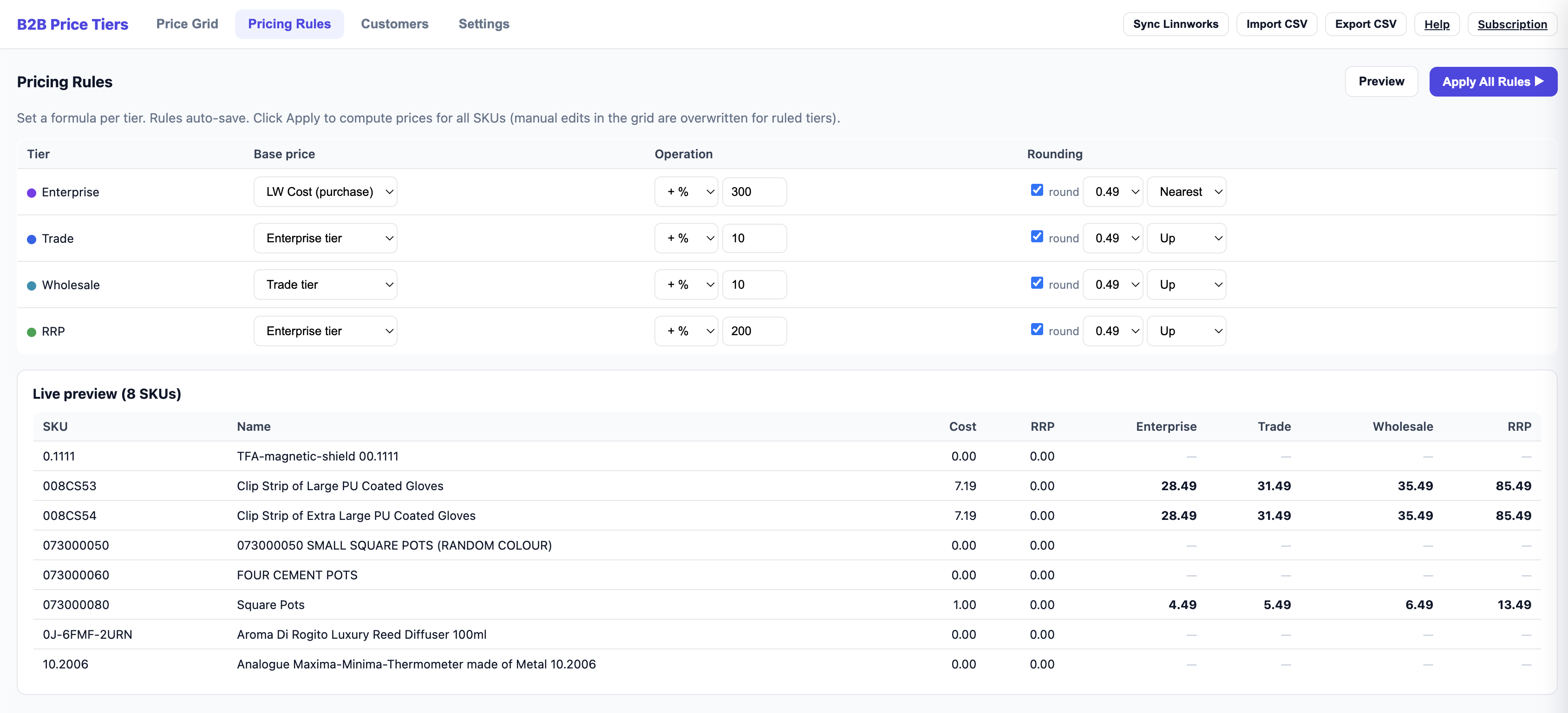Pricing Rules with the Live preview panel showing sample SKUs and their computed tier prices