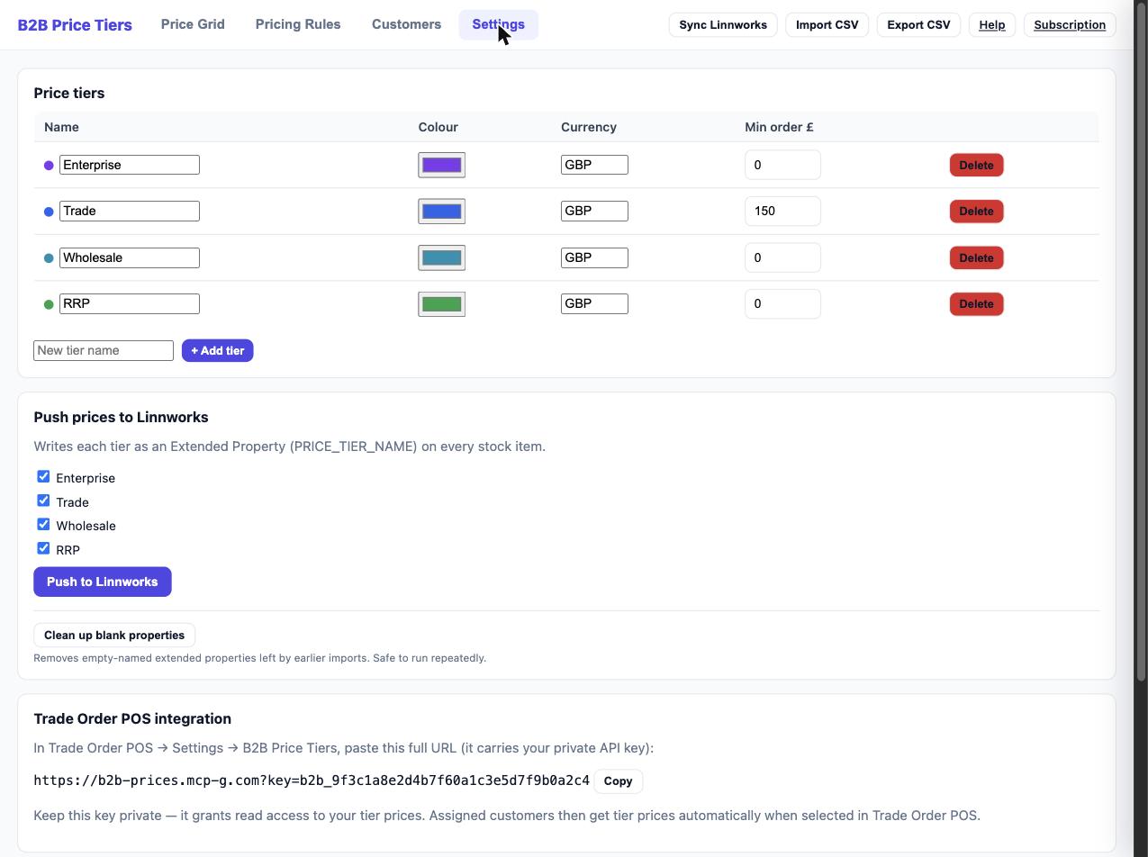 Settings page showing the Push to Linnworks section with tier checkboxes and the Push button