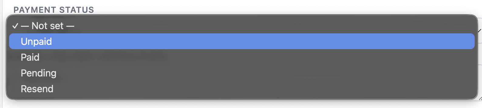 The order form Payment Status selector open, showing Unpaid / Paid / Pending / Resend