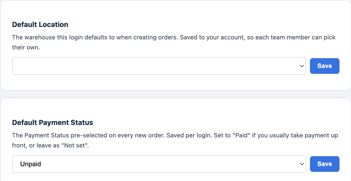 Trade Order POS Settings showing the Default Payment Status selector alongside Default Location