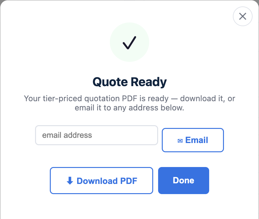 The quote dialog offering Download and Email to customer for the generated quotation PDF
