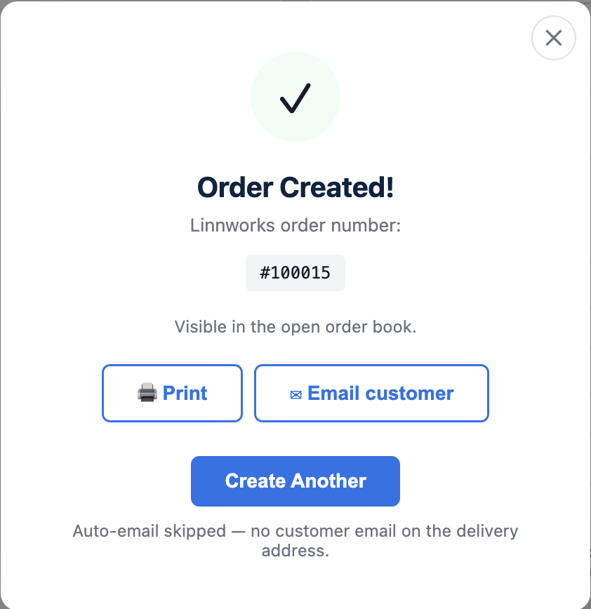 Cart filled with 2-3 items, customer picked, address auto-filled, success modal in foreground